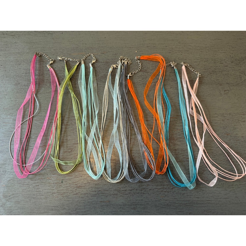 Vintage Multi Strand Ribbon Cord Necklace Lot 8pc Y2K Sheer Organza Colorful Set
